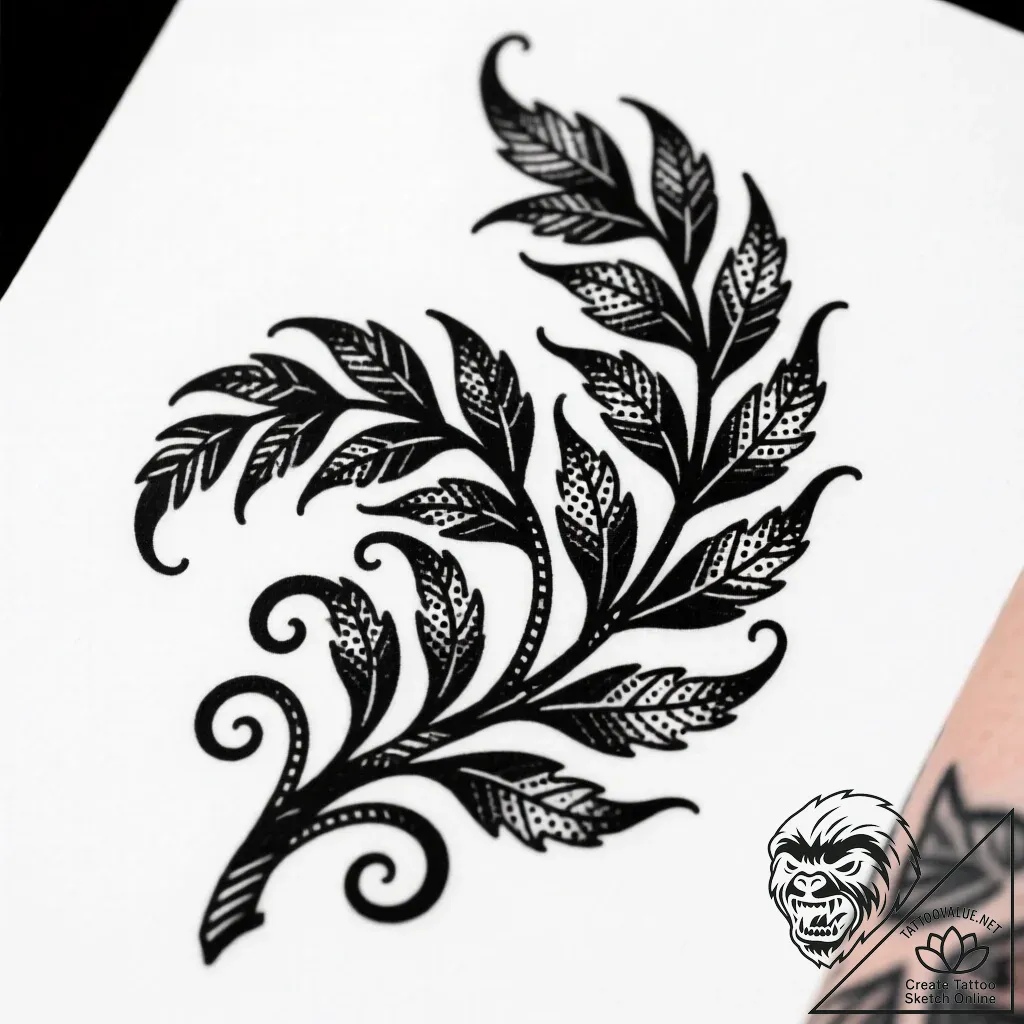 Tat tattoo sketch, curling fern fronds with d... - style Flux Inscriptions - tattoo sketch (17.11.2025 08:02)