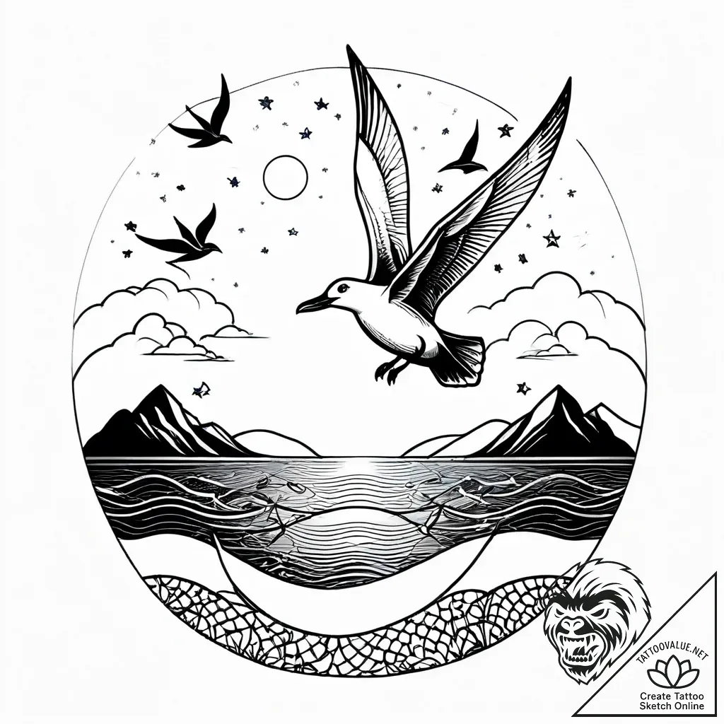 Tattoo sketch, seagulls soaring over vast oce... - style Jagger Old - tattoo sketch (17.11.2025 08:10)