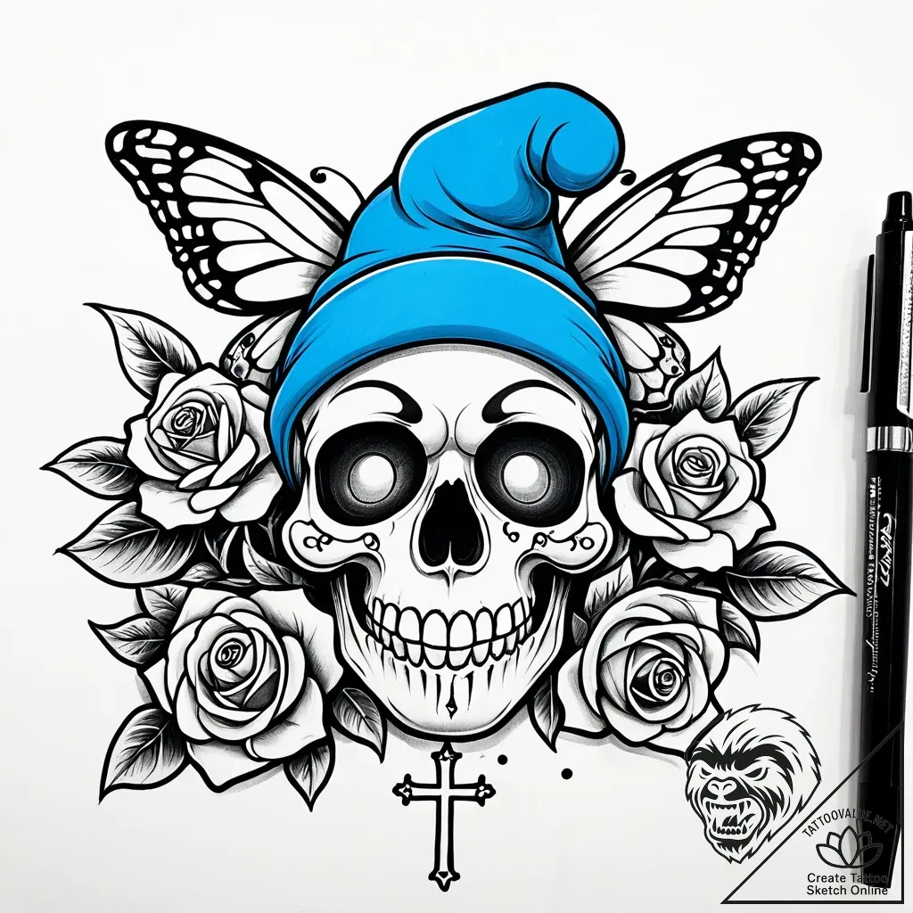 Tattoo sketch, clumsy smurf with butterfly la... - style Jaeger Simple - tattoo sketch (17.11.2025 08:28)