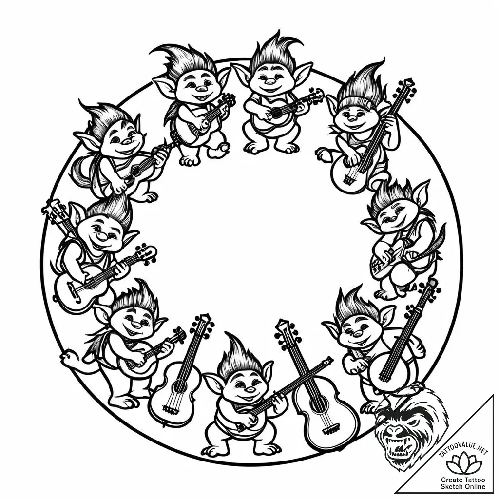 Tat tattoo sketch, trolls with musical instru... - style Jaeger Mini - tattoo sketch (17.11.2025 10:33)
