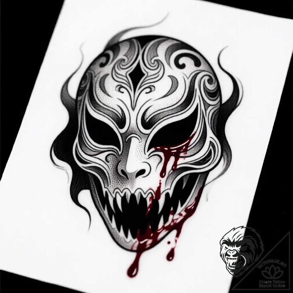 Blood mask floating in darkness, tattoo line... - style Flux Inscriptions - tattoo sketch (17.11.2025 15:13)