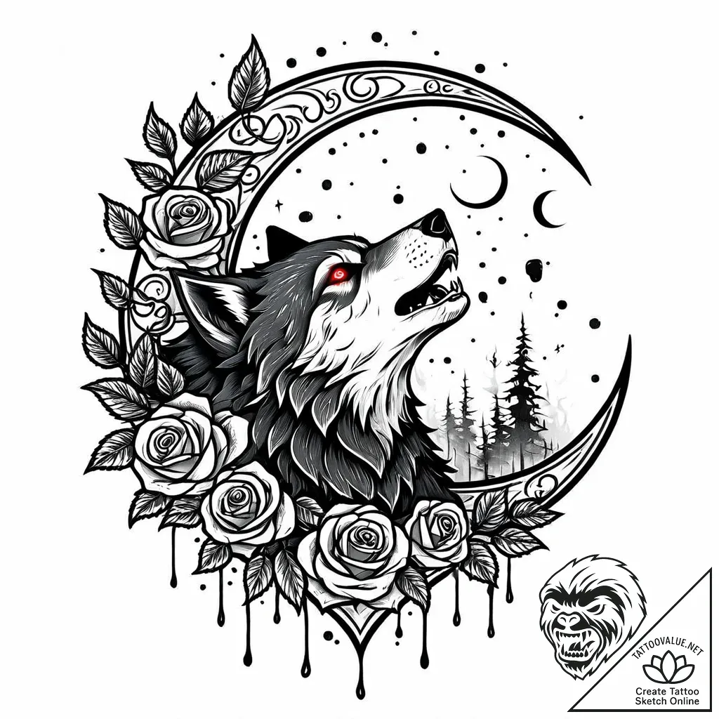 Tattoo sketch, lone wolf howling under cresce... - style Jaeger Mini - tattoo sketch (17.11.2025 20:52)
