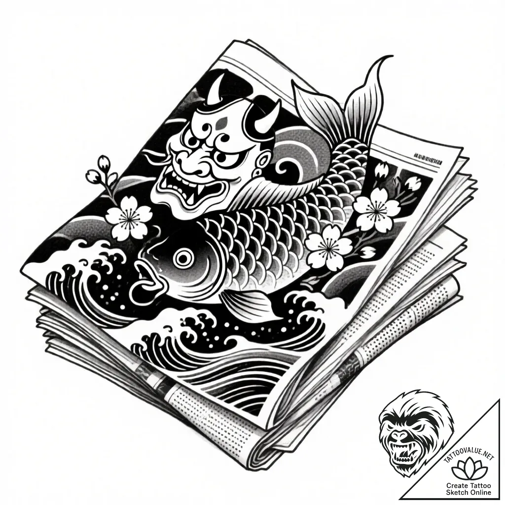 A close-up of a stack of old, yellowed newspa... - style Flux Inscriptions - tattoo sketch (17.11.2025 23:29)