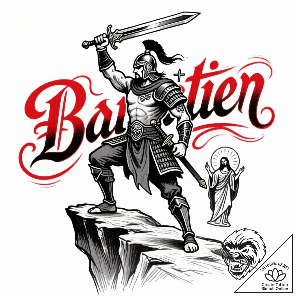 Tat tattoo sketch, ballister standing on clif... - style Flux Inscriptions - tattoo sketch (17.11.2025 23:53)