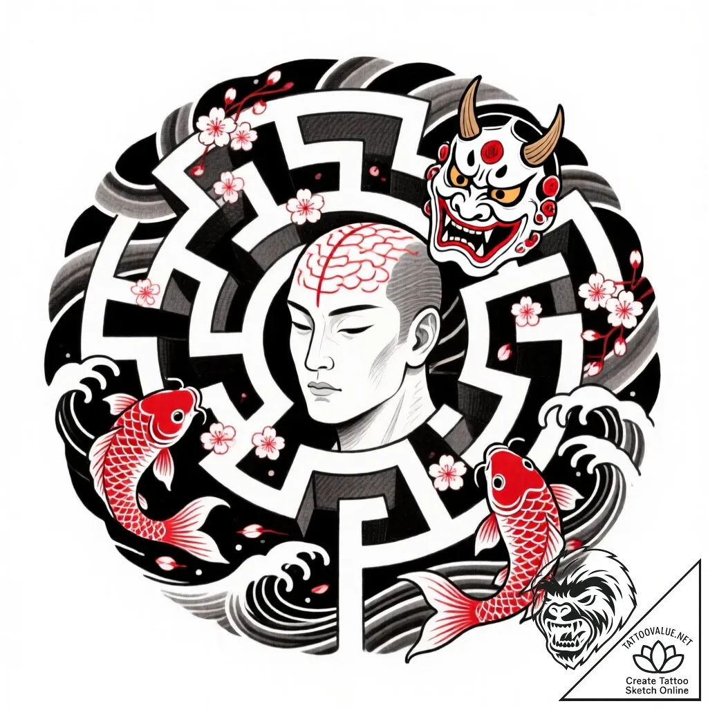 Tattoo sketch a labyrinth where the center is... - style Flux Inscriptions - tattoo sketch (18.11.2025 00:29)