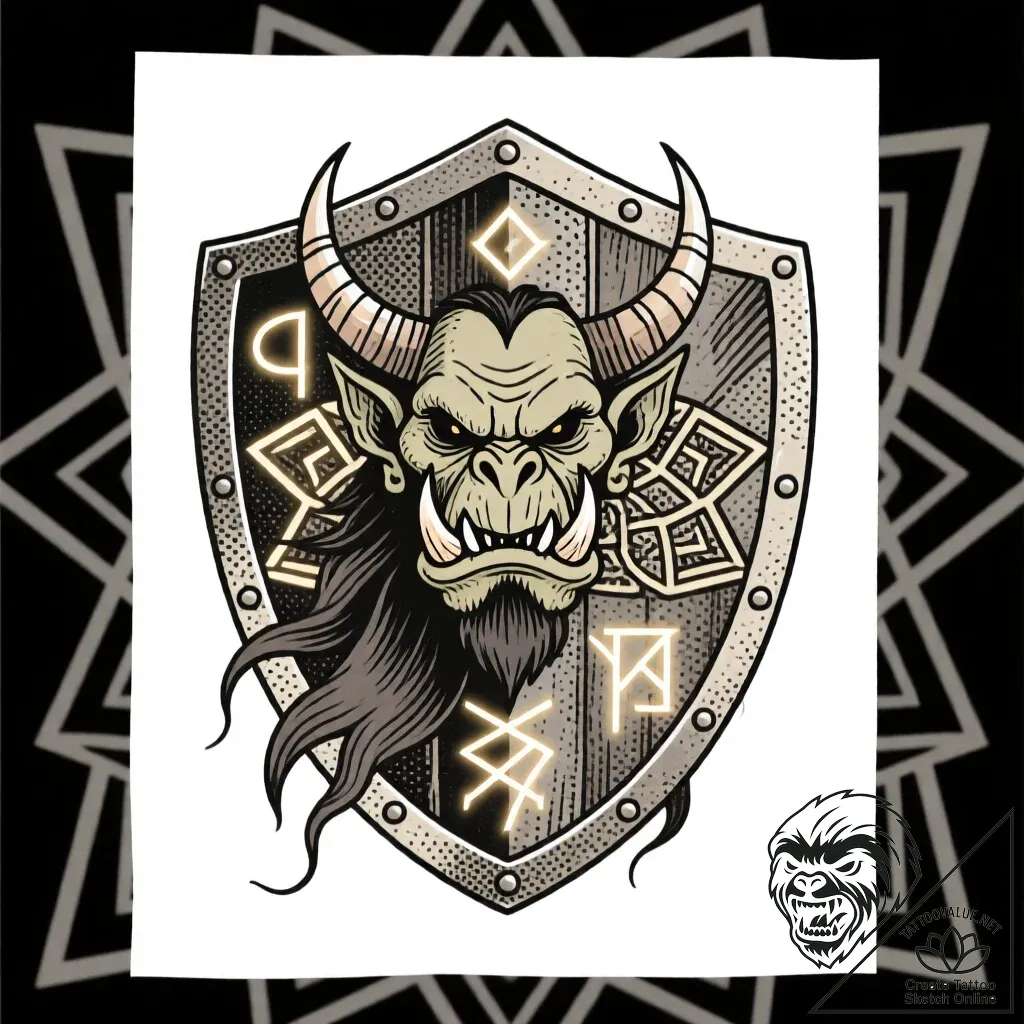 Orcish shield burned with runes, tattoo line... - style Flux Inscriptions - tattoo sketch (18.11.2025 00:53)