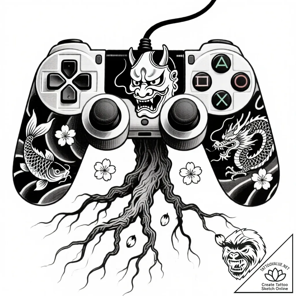 Tattoo design a controller with roots growing... - style Flux Inscriptions - tattoo sketch (18.11.2025 01:29)