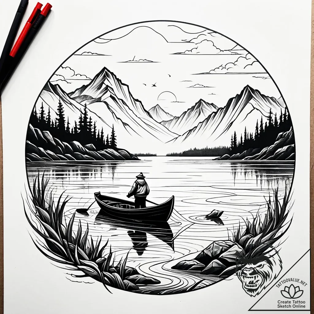 A shot of a lone fisherman in a small boat on... - style Jaeger Simple - tattoo sketch (18.11.2025 01:55)