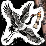 Crane flying with a burning scroll in its bea… – style Flux Inscriptions – tattoo sketch (18.11.2025 02:17)