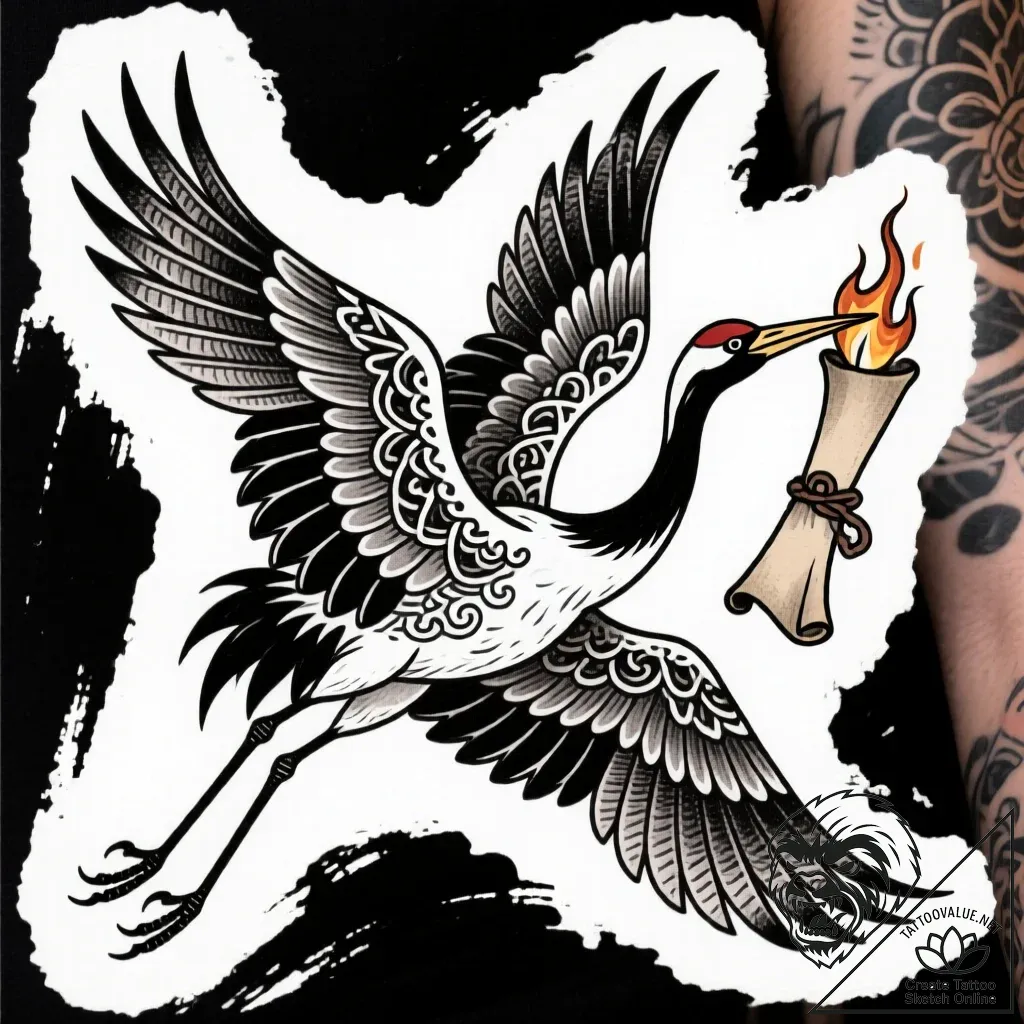 Crane flying with a burning scroll in its bea... - style Flux Inscriptions - tattoo sketch (18.11.2025 02:17)