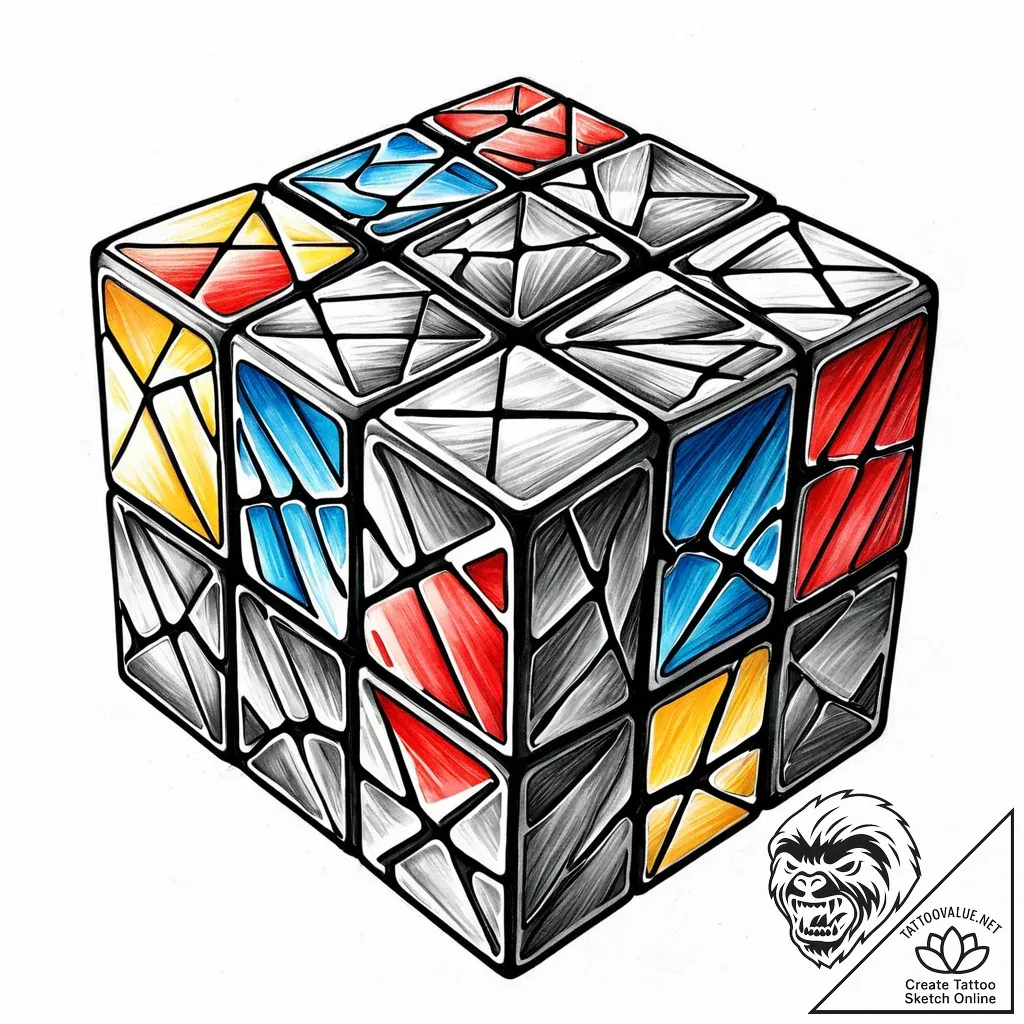 Melting rubik's cube, colors running, tattoo... - style Jaeger Mini - tattoo sketch (18.11.2025 02:35)