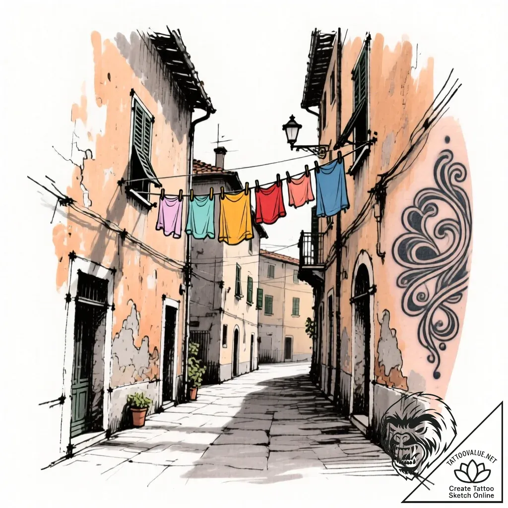 A quiet, forgotten alleyway in naples, italy,... - style Flux Inscriptions - tattoo sketch (18.11.2025 02:41)