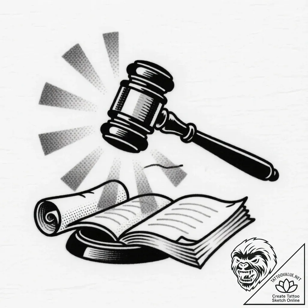 Tat tattoo sketch, judge’s gavel striking wit... - style Flux Inscriptions - tattoo sketch (18.11.2025 03:05)