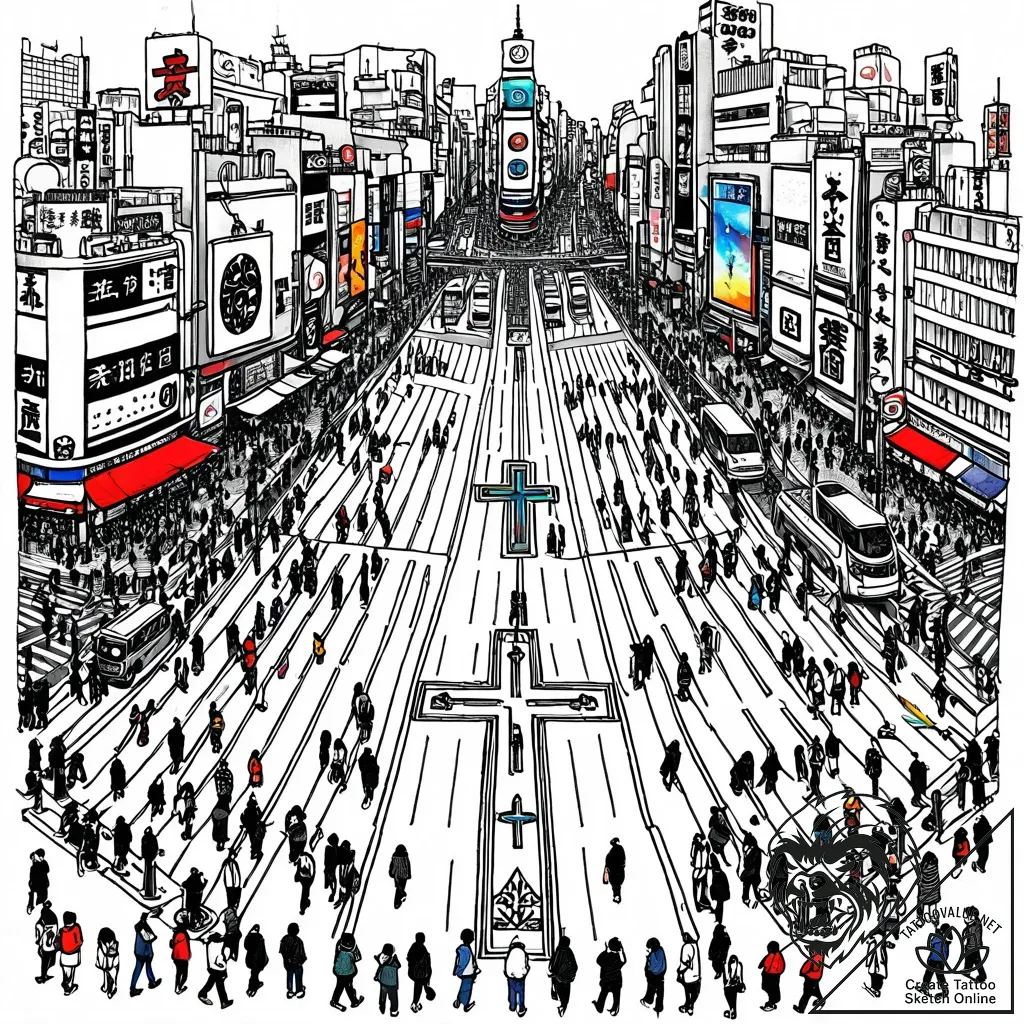 The organized chaos of shibuya crossing in to... - style Jaeger Mini - tattoo sketch (18.11.2025 03:11)
