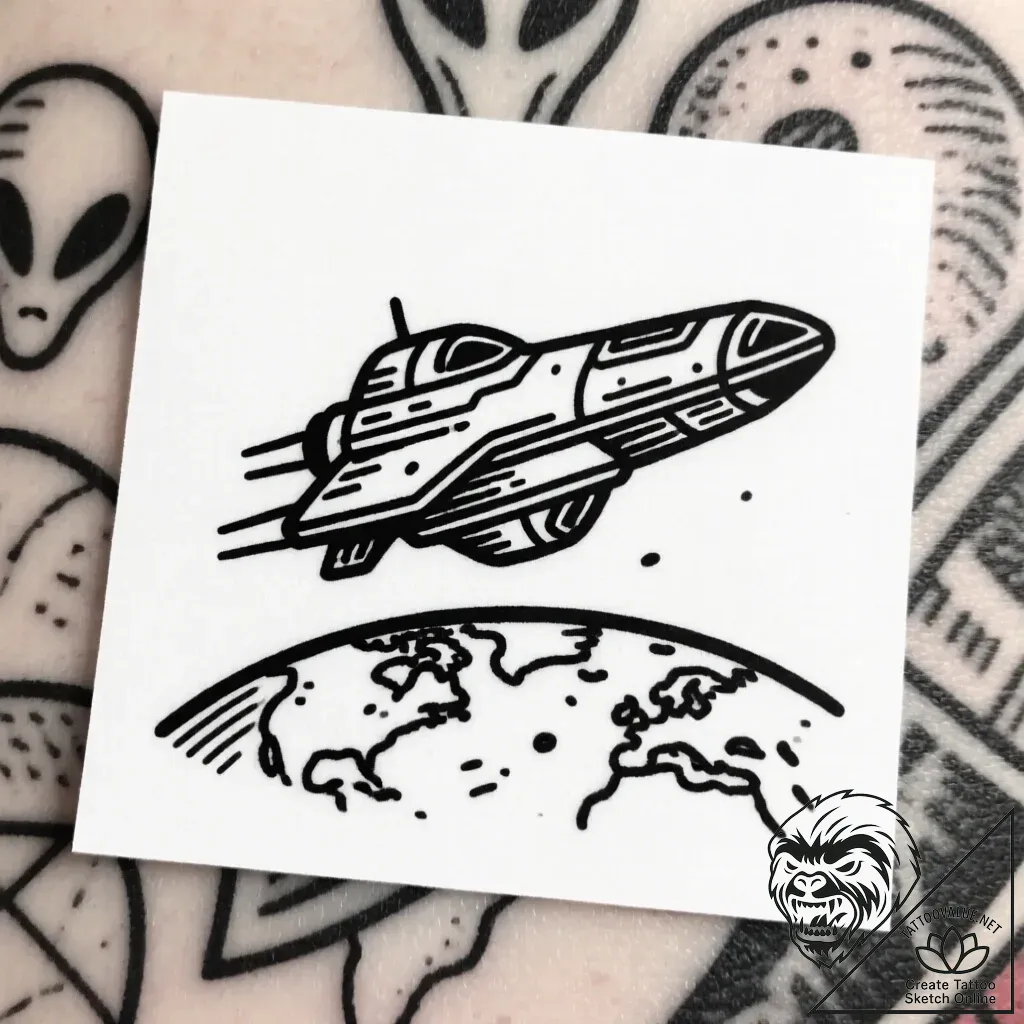 Tattoo sketch a stylized spaceship hovering o... - style Flux Inscriptions - tattoo sketch (18.11.2025 04:05)