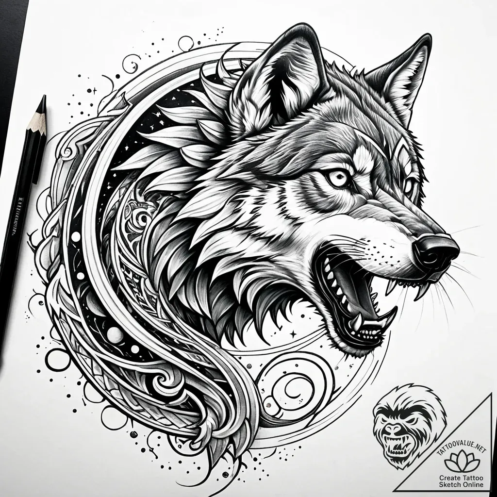 Astral wolf leaping through rift, tattoo sket... - style Jaeger Simple - tattoo sketch (18.11.2025 04:07)