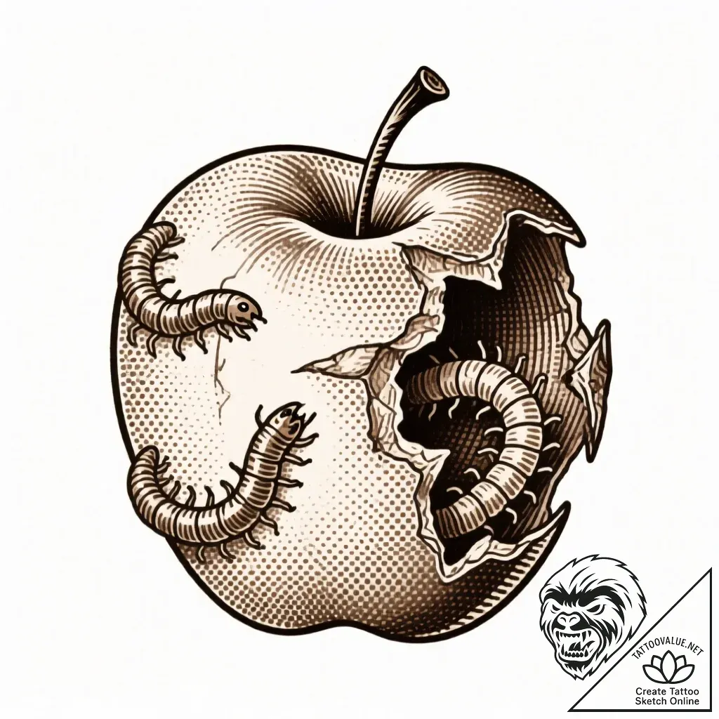 Apple rotting with worms, concept art for tat... - style Flux Inscriptions - tattoo sketch (18.11.2025 04:29)