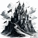 Tat tattoo sketch, towering castle with flutt… – style Jaeger Simple – tattoo sketch (18.11.2025 04:31)