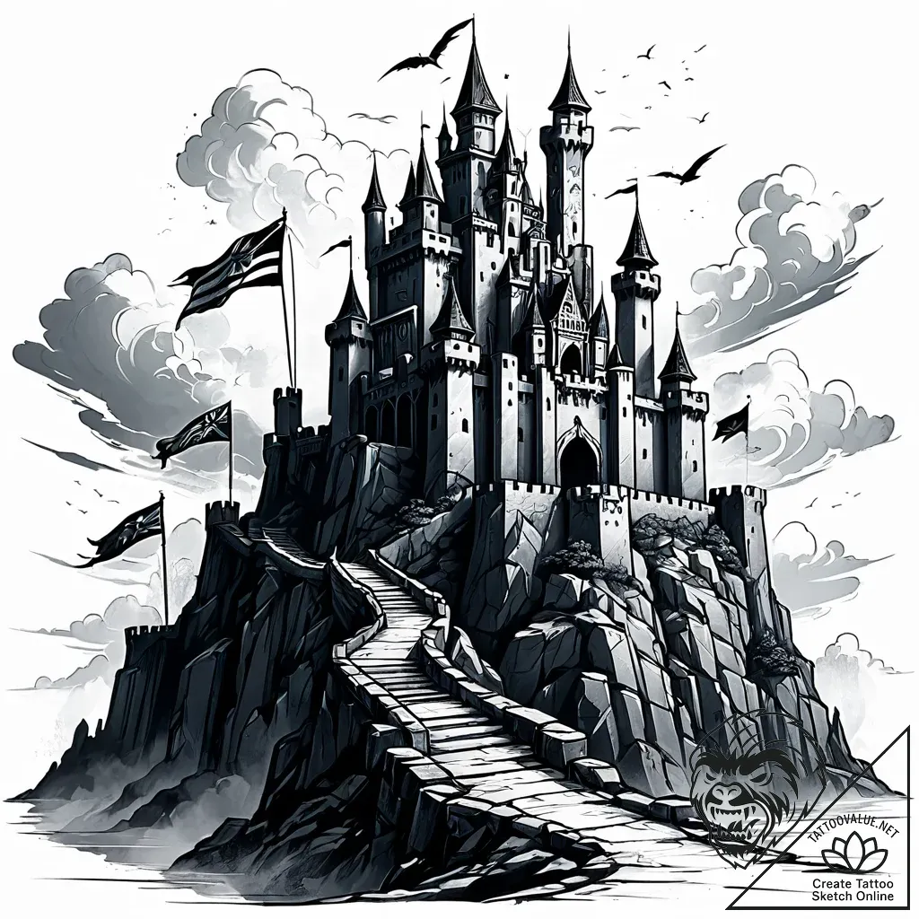 Tat tattoo sketch, towering castle with flutt... - style Jaeger Simple - tattoo sketch (18.11.2025 04:31)