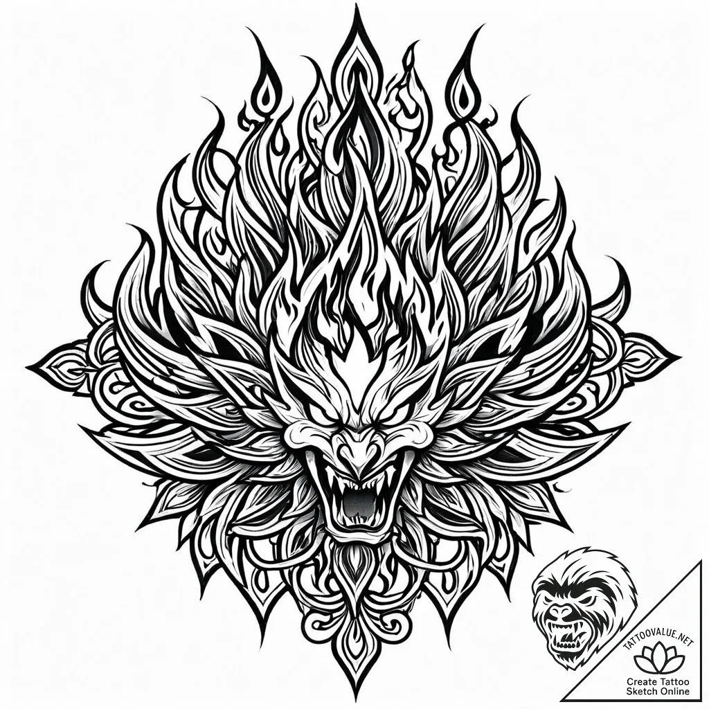 Tattoo sketch, anger with fiery flames around... - style Jaeger Mini - tattoo sketch (18.11.2025 04:35)