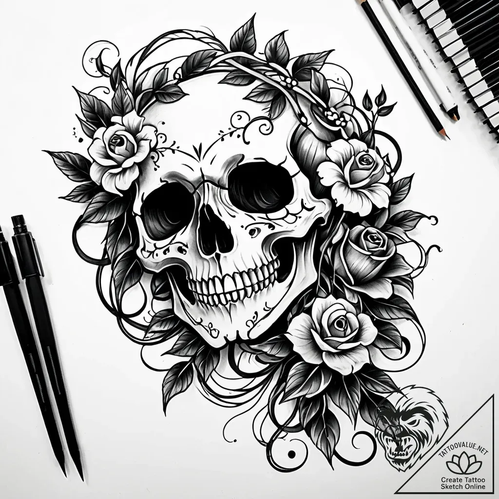 Tat tattoo sketch, skull adorned with lush fl... - style Jaeger Simple - tattoo sketch (18.11.2025 04:43)
