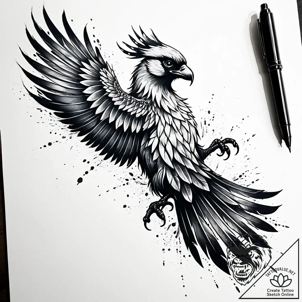 Tattoo sketch, spirit rearing with feathers f... - style Jaeger Simple - tattoo sketch (18.11.2025 05:20)