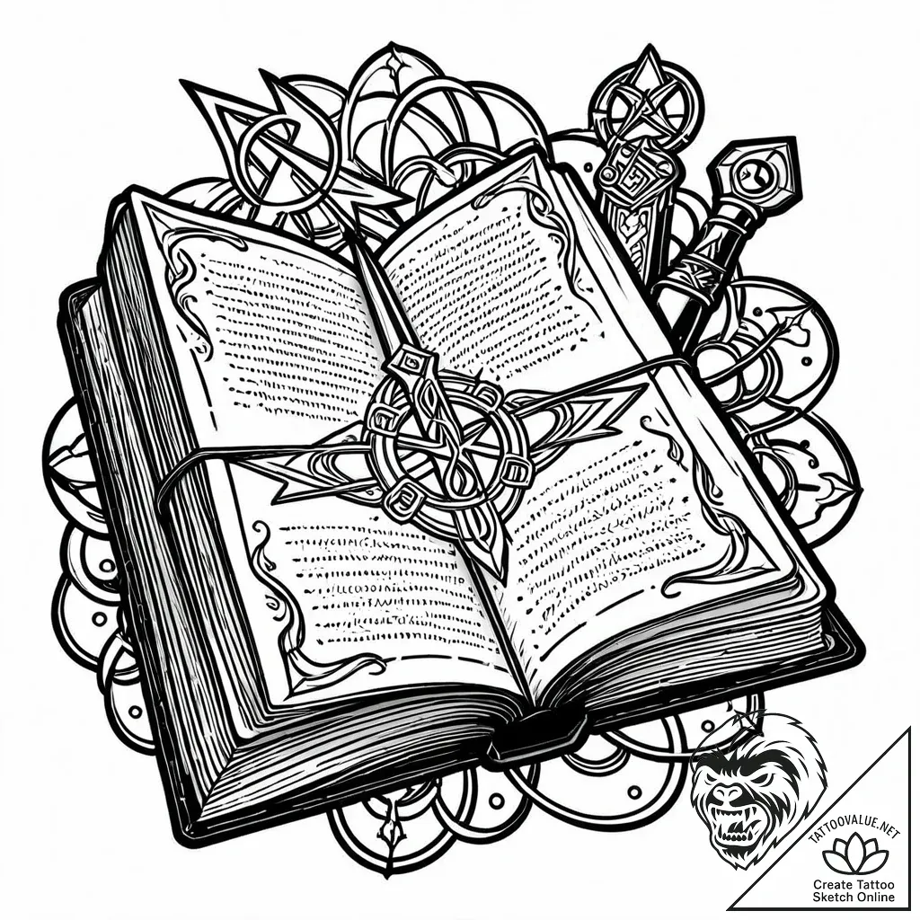 Tat tattoo sketch, leather-bound spellbook op... - style Jaeger Mini - tattoo sketch (18.11.2025 05:46)
