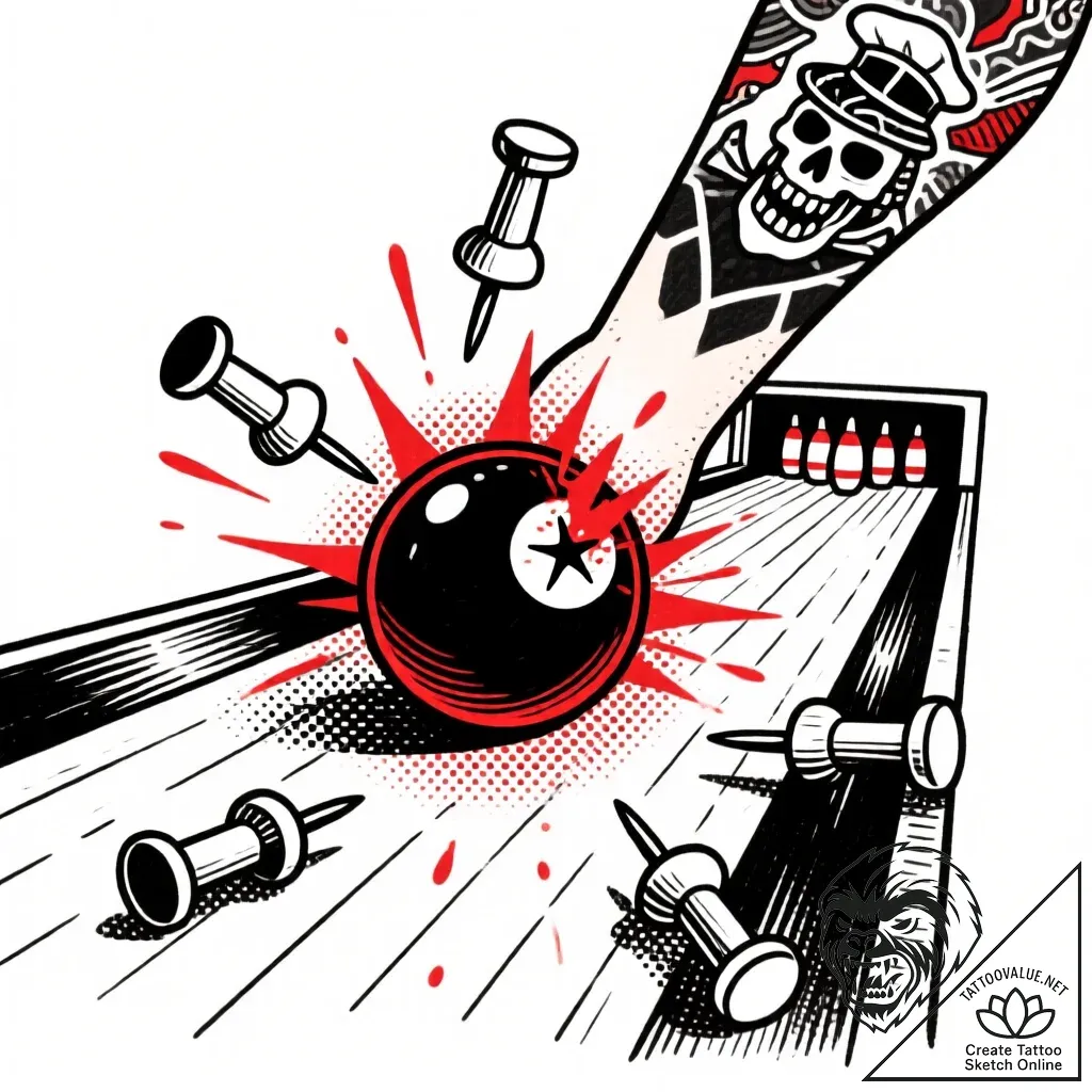 A powerful bowling ball hitting pins, strike,... - style Flux Inscriptions - tattoo sketch (18.11.2025 07:17)