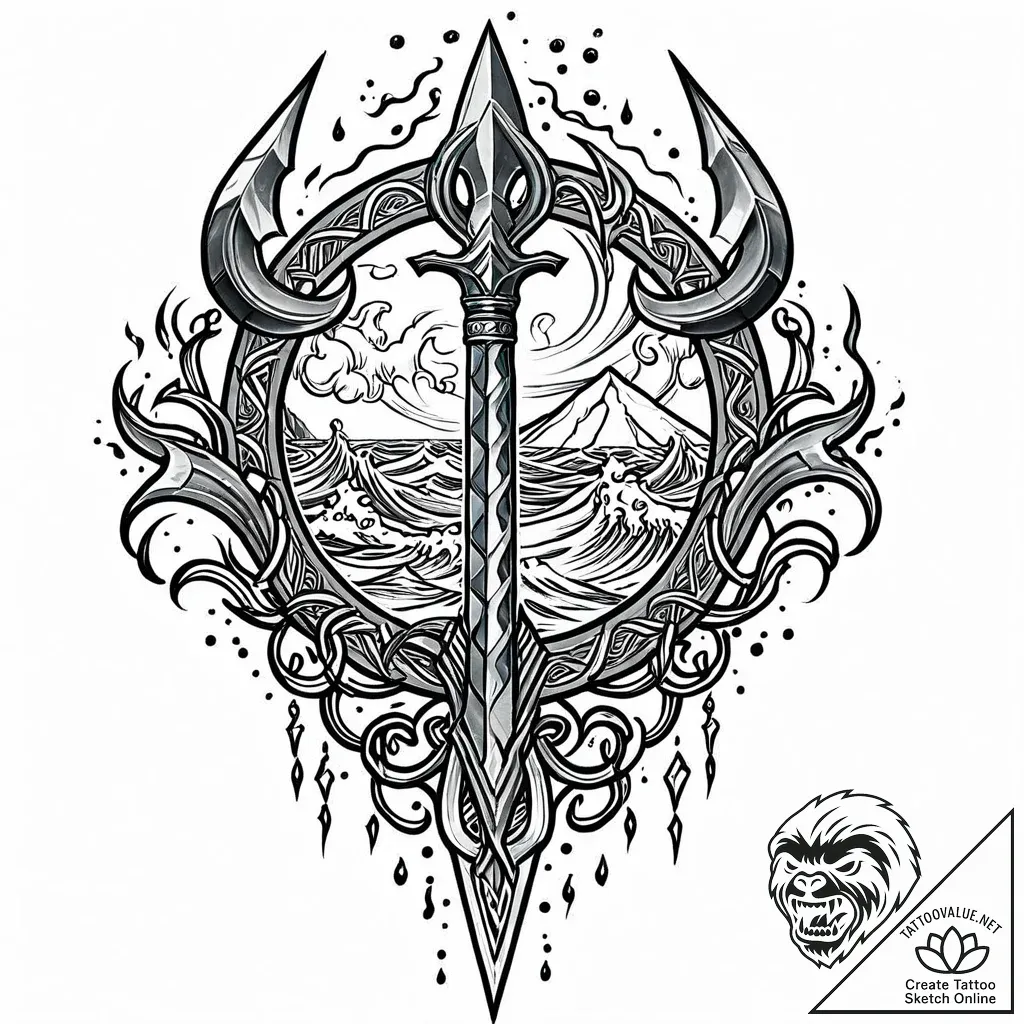 Tattoo sketch, poseidon’s trident bursting th... - style Jaeger Mini - tattoo sketch (18.11.2025 07:34)