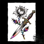 Thorned dagger beneath frozen bloom, ink illu… – style Flux Inscriptions – tattoo sketch (18.11.2025 08:05)