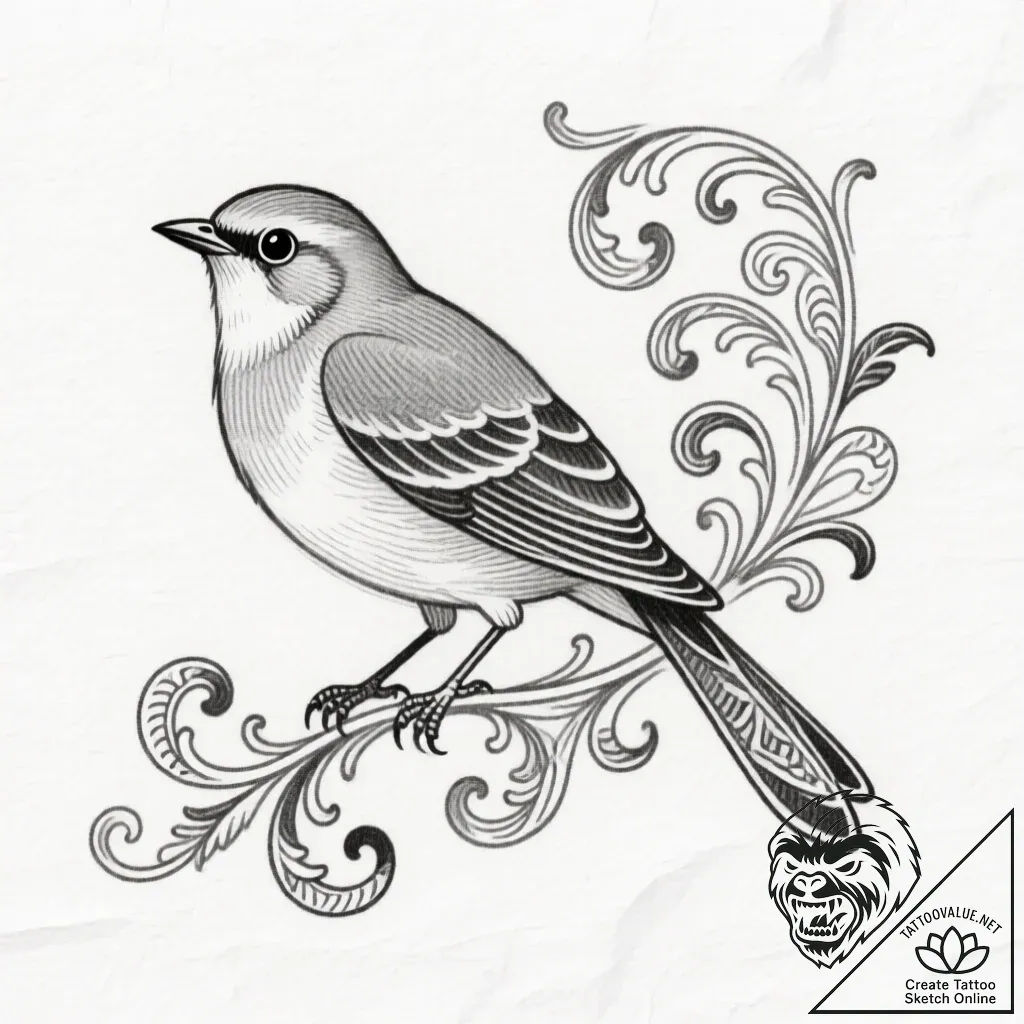 A whimsical bird catching a worm, natural,, c... - style Flux Inscriptions - tattoo sketch (18.11.2025 12:11)