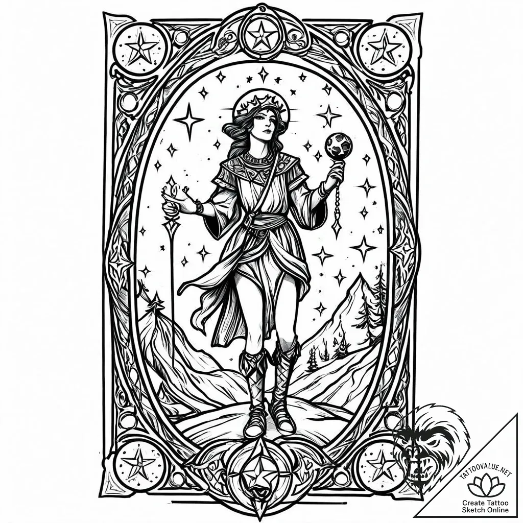 Tarot card: the fool, the star, concept art f... - style Jaeger Mini - tattoo sketch (18.11.2025 12:17)