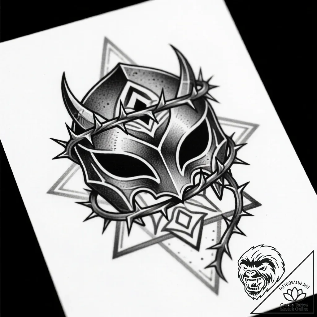 Iron mask sealed with thorns, tattoo flash sh... - style Flux Inscriptions - tattoo sketch (18.11.2025 15:56)