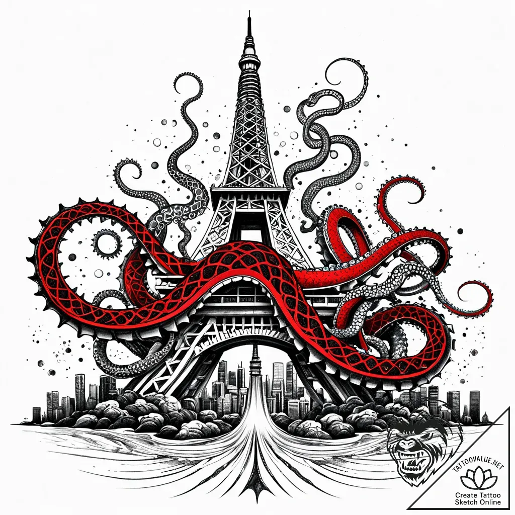 Tokyo tower entangled in the tentacles of a g... - style Jaeger Simple - tattoo sketch (18.11.2025 16:11)