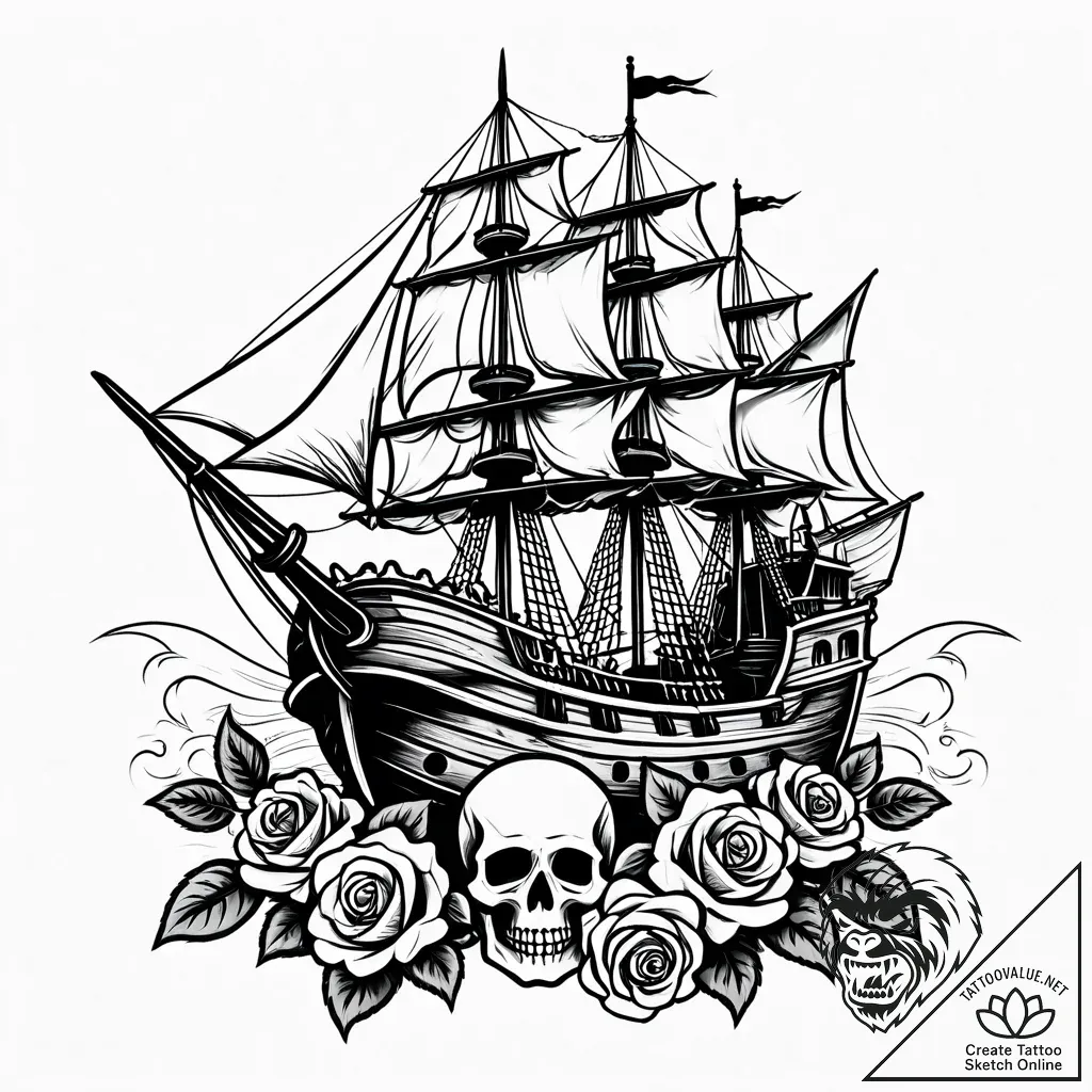 Tattoo sketch, old pirate ship sailing with t... - style Jaeger Simple - tattoo sketch (18.11.2025 16:23)