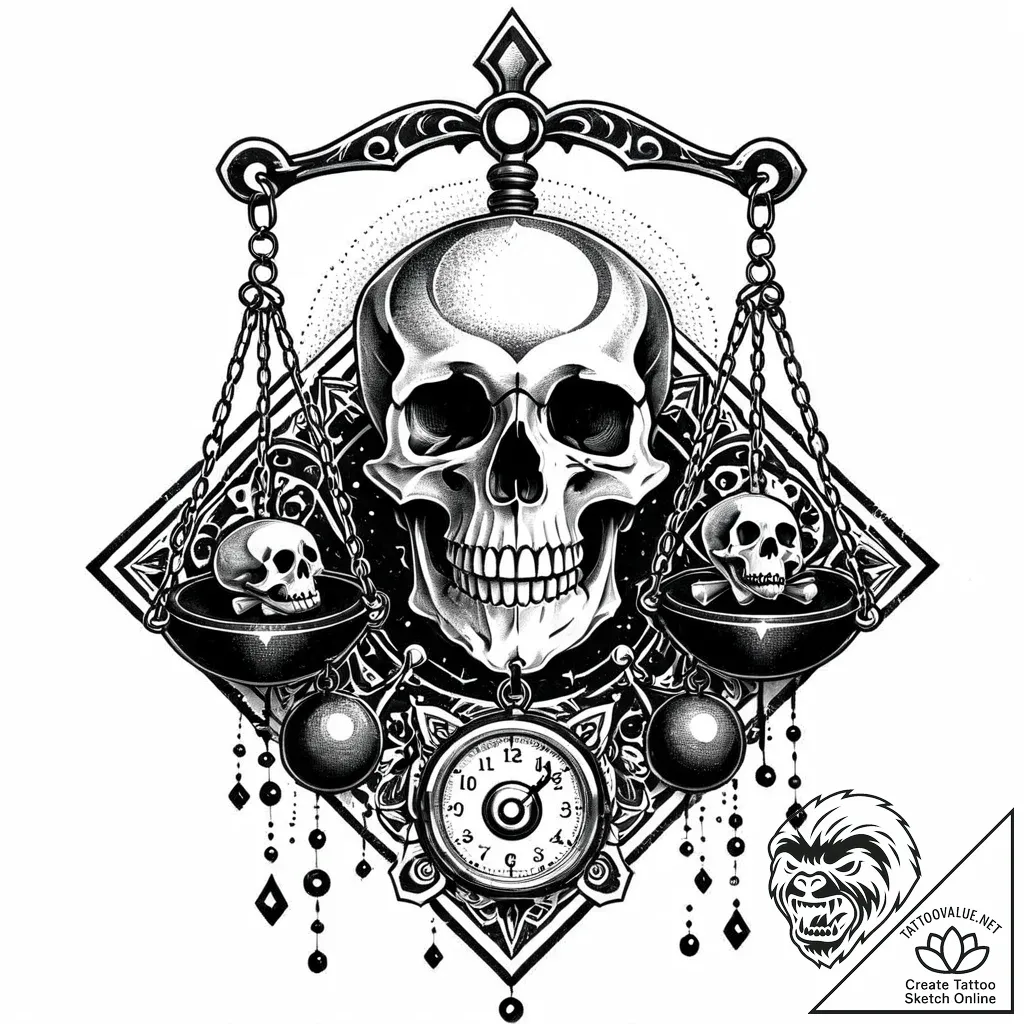 Alchemy scales with skull weights, ink illust... - style Jaeger Mini - tattoo sketch (18.11.2025 16:26)