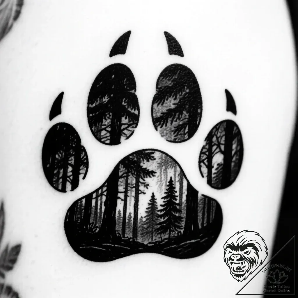 Tattoo sketch, kenai paw print with forest re... - style Flux Inscriptions - tattoo sketch (18.11.2025 18:25)