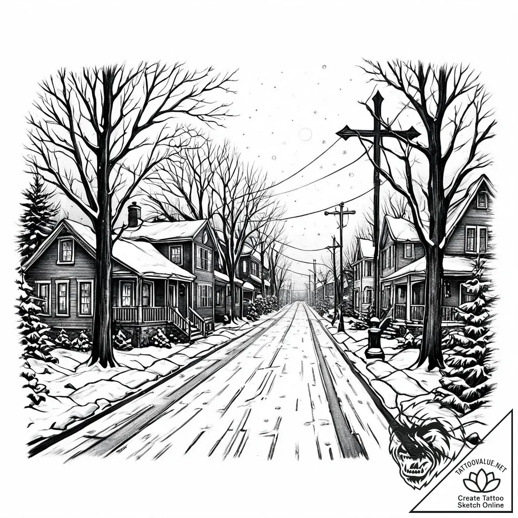 A quiet, snow-covered residential street in a... - style Jaeger Mini - tattoo sketch (18.11.2025 19:05)