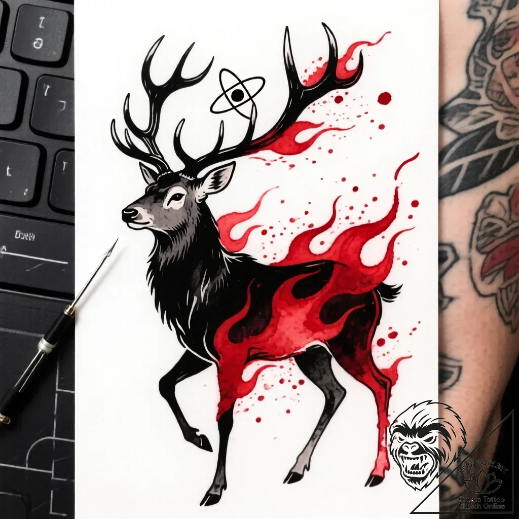 Atomic stag surrounded by glitch fire, artist... - style Flux Inscriptions - tattoo sketch (18.11.2025 19:45)
