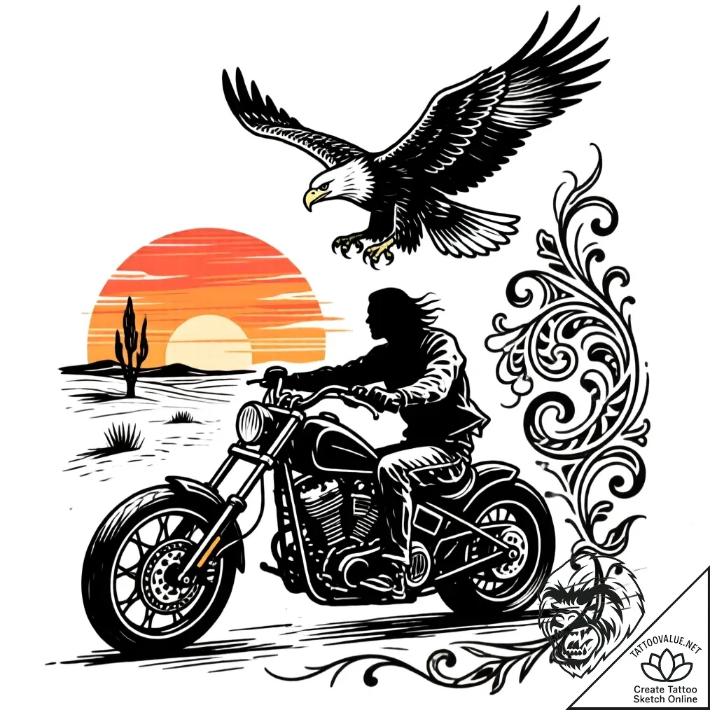 Tat tattoo sketch, biker riding through deser... - style Flux Inscriptions - tattoo sketch (18.11.2025 21:05)