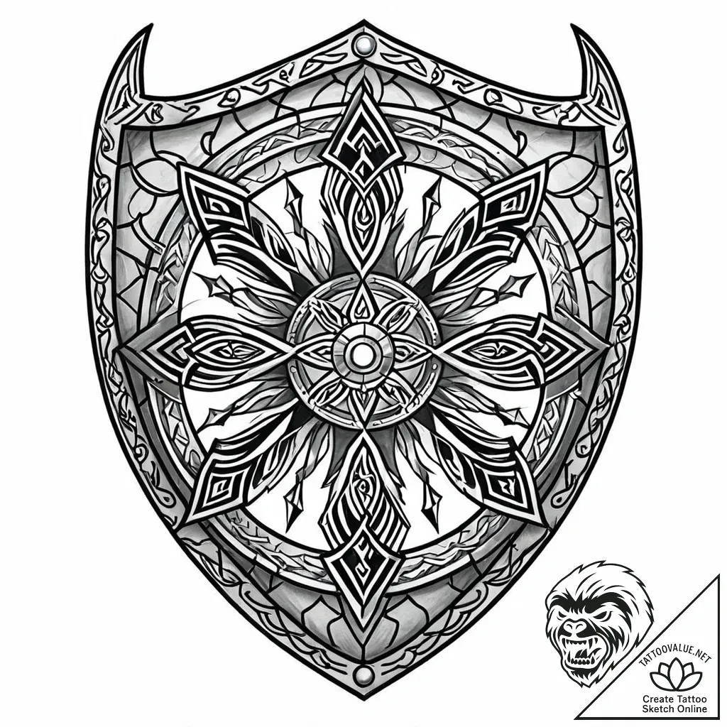 A broken viking shield, tattoo line art, on a... - style Jaeger Mini - tattoo sketch (18.11.2025 23:05)