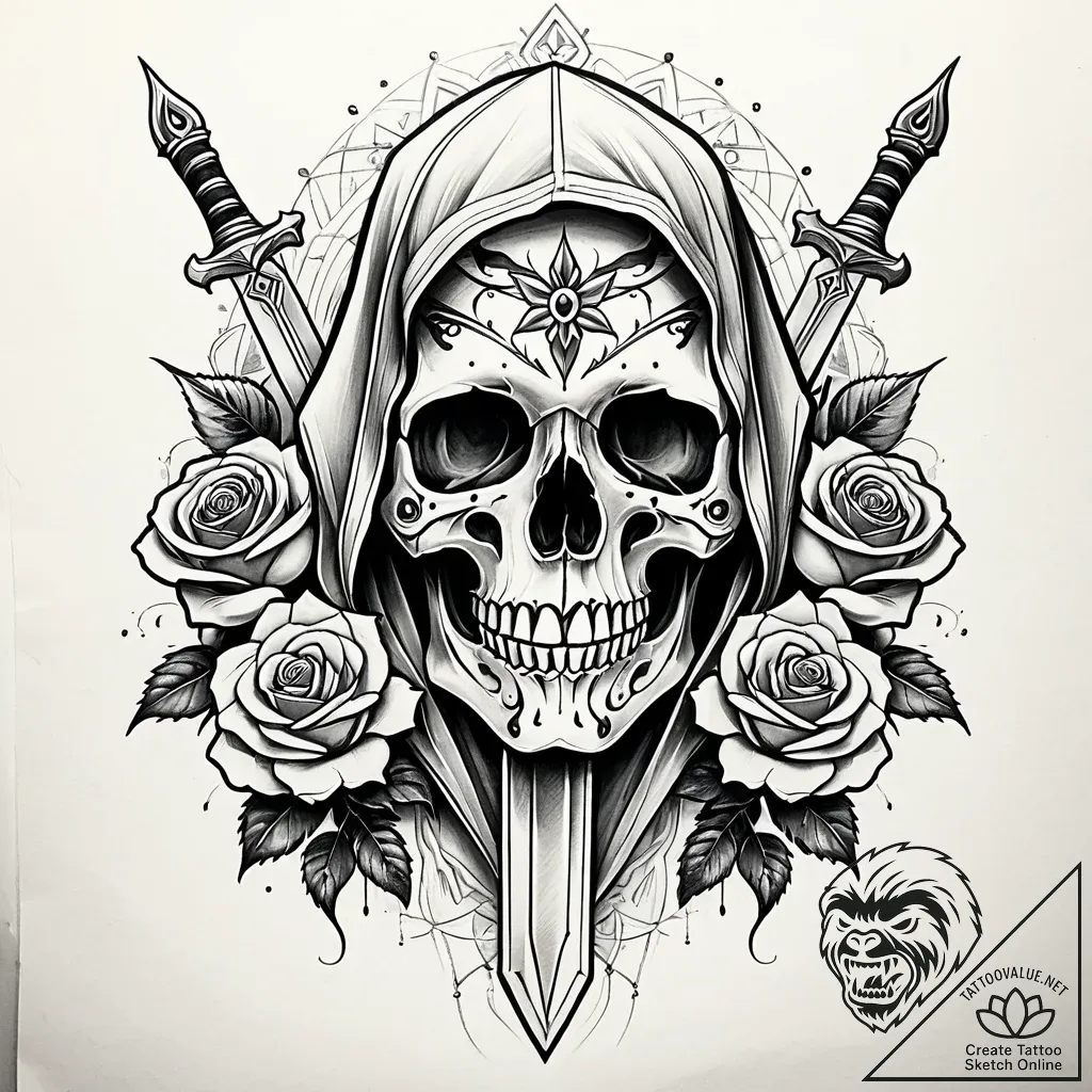 Ice veil hiding ancient blade, ink illustrati... - style Jaeger Simple - tattoo sketch (19.11.2025 00:05)