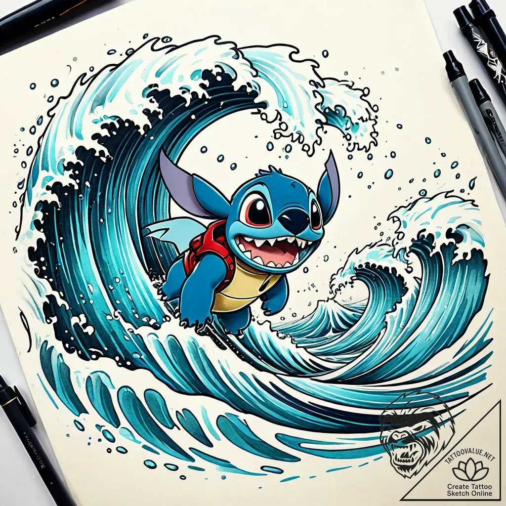 Tattoo sketch, lilo surrounded by ocean waves... - style Jaeger Simple - tattoo sketch (19.11.2025 02:44)