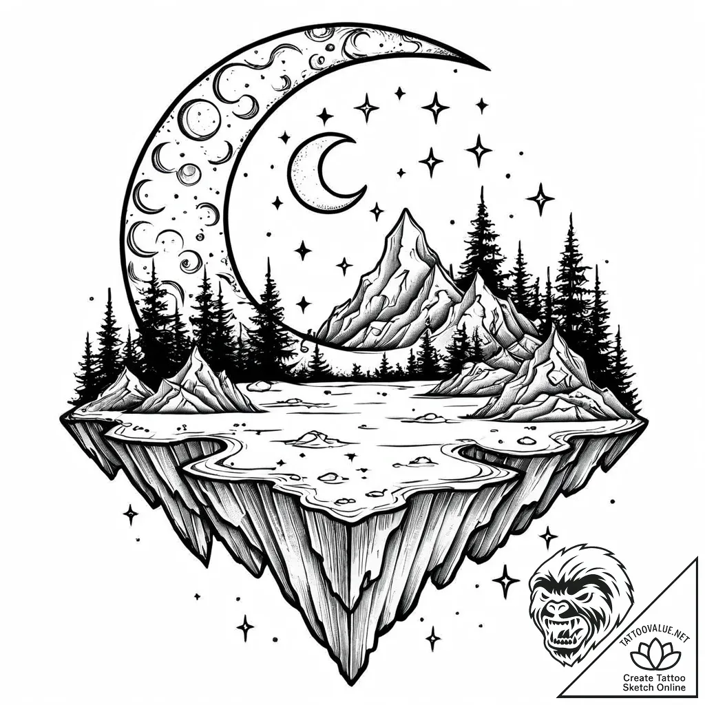 Tat tattoo sketch, dreamy fantasy landscape w... - style Jaeger Mini - tattoo sketch (19.11.2025 04:25)