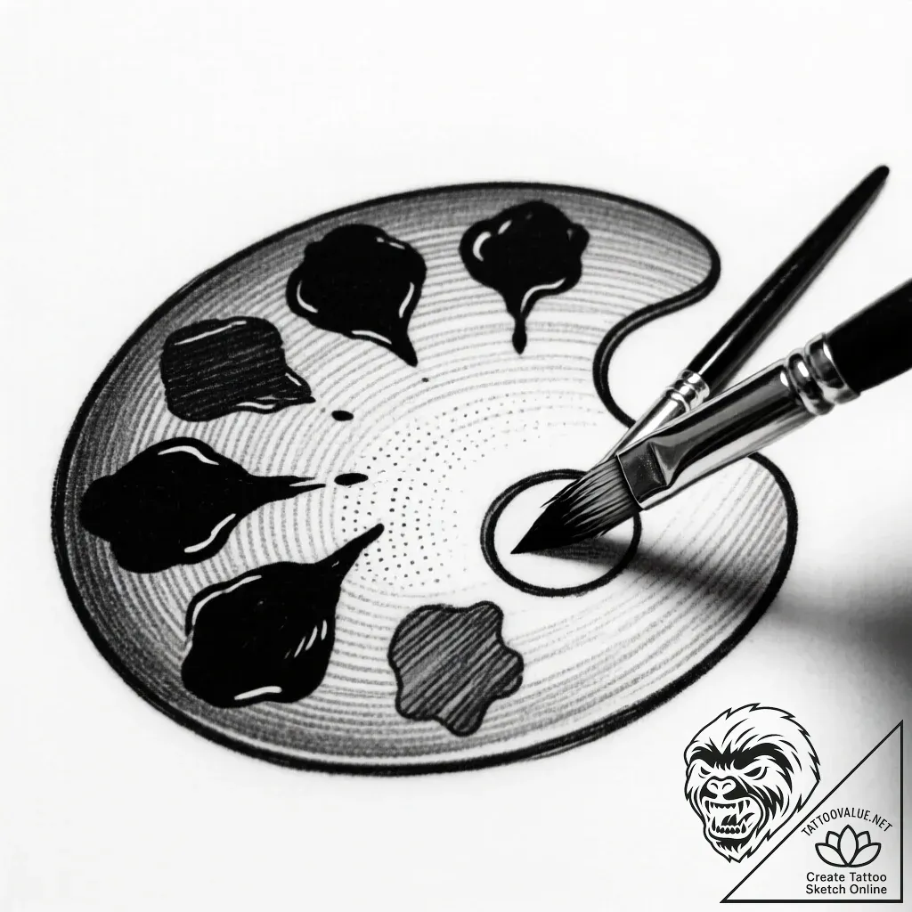 Tattoo sketch a paintbrush on one, a palette... - style Flux Inscriptions - tattoo sketch (19.11.2025 05:05)