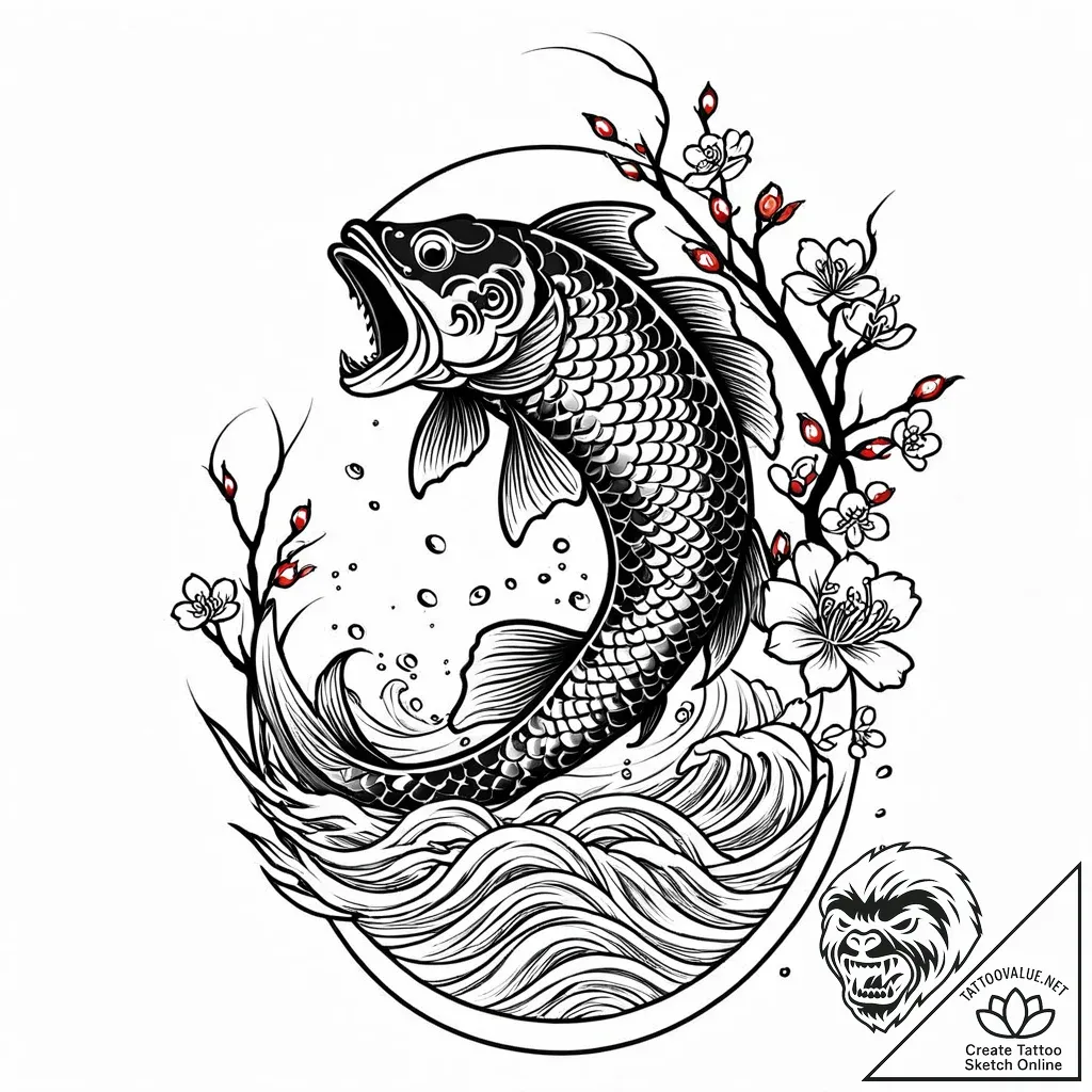 A majestic bass fish leaping from water, fish... - style Jaeger Mini - tattoo sketch (19.11.2025 09:45)