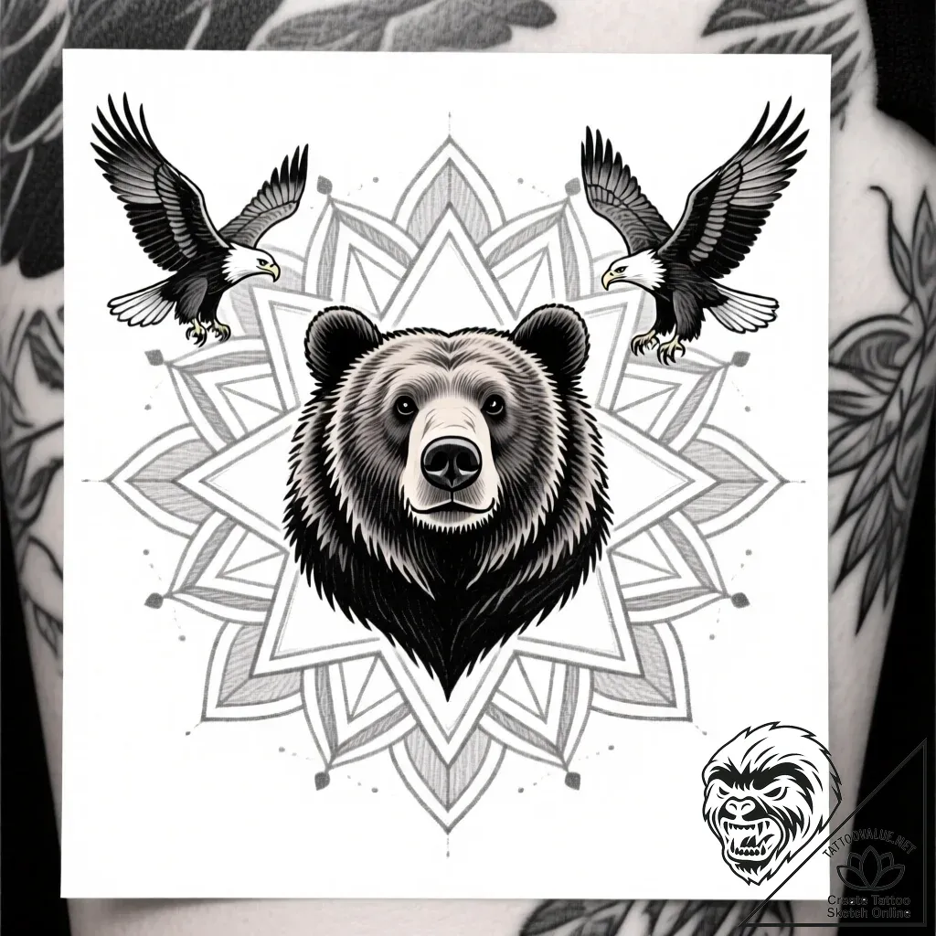Tattoo sketch, brother bear with flying eagle... - style Flux Inscriptions - tattoo sketch (19.11.2025 13:05)