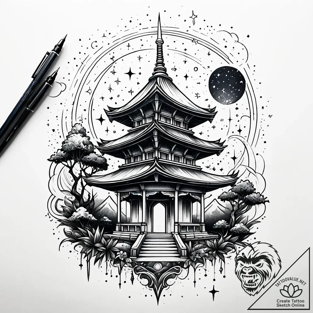 Overgrown temple beneath starry sky, artistic... - style Jaeger Simple - tattoo sketch (19.11.2025 14:45)
