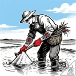 A person harvesting salt from an evaporation… – style Flux Inscriptions – tattoo sketch (19.11.2025 17:05)
