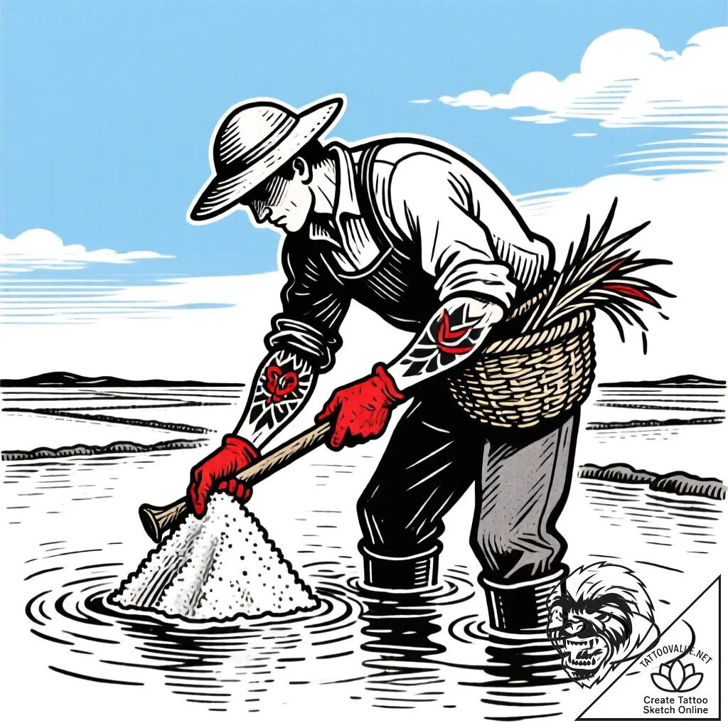 A person harvesting salt from an evaporation... - style Flux Inscriptions - tattoo sketch (19.11.2025 17:05)